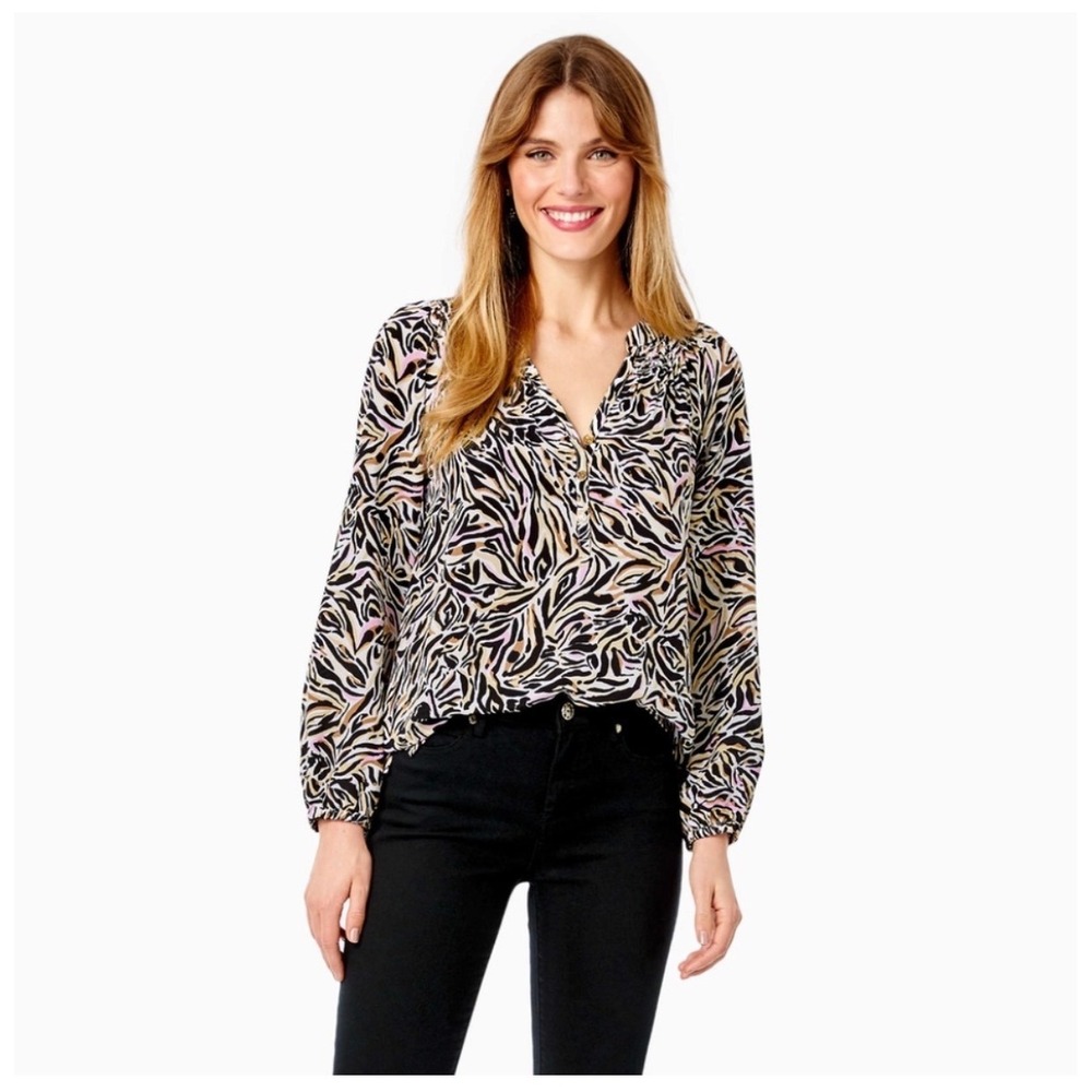 Lilly Pulitzer Elsa Silk Top Zebra Animal Print Smocked Blouse‎ Pink Tan Medium